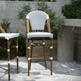 thumbnail image 6 of Merrick Lane Set of Two Indoor/Outdoor Stacking French Bistro Bar Stools with White and Navy Patterned Seats and Backs & Bamboo Finished Metal Frames, 6 of 12