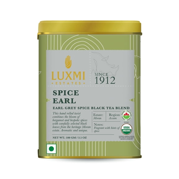 Luxmi Estates Spiced Earl Grey Tea 100gm Tin , Certified Organic Black Tea Spice Earl Grey 100 gm