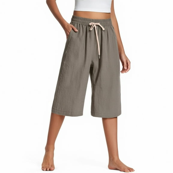 Difdany Cotton Linen Capri Pants for Women High Waist Wide Leg Loose Casual Pants with Pockets and Belt Army Green L