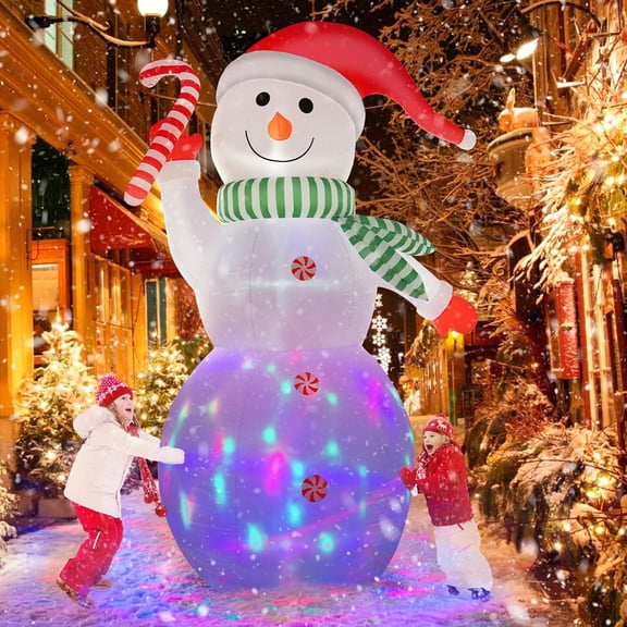 12FT Giant Christmas Inflatables Snowman Outdoor Decorations, Christmas Blow Up Snowman Inflatables Yard Decoration with Rotating Colorful LED Lights for Holiday Party Garden Yard Outdoor Decor