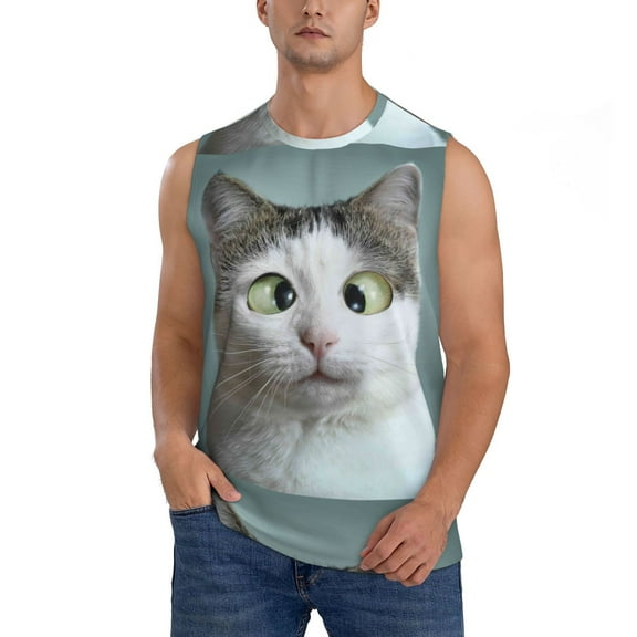 Easygdp Funny Cat Men's Breathable Tank Tops Sleeveless Sporty T Shirts for Basketball, Mountaineering, Bodybuilding -Small