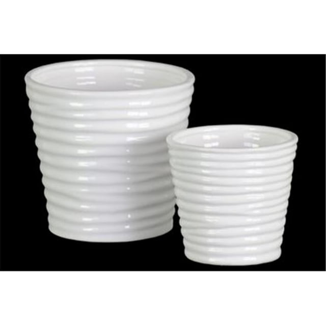 Urban Trends Collection 44223 Ceramic Round Vase with Horizontal Ribbed Design Body & Tapered Bottom, White - Set of 2