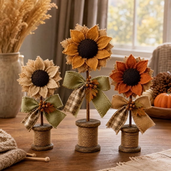 3‑Piece Rustic Sunflower Tabletop Decor, Burlap Fabric Sunflower Figurine Ornament With Wooden Spool Base, Farmhouse Thanksgiving Fall Harvest Shelf Mantel Cabinet Decor