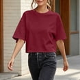 thumbnail image 4 of Hurxie Women Half Sleeve Cropped T-Shirts Drop Shoulder Round Neck Crop Tops Casual Summer Solid Color Basic Tees Wine,XL, 4 of 6