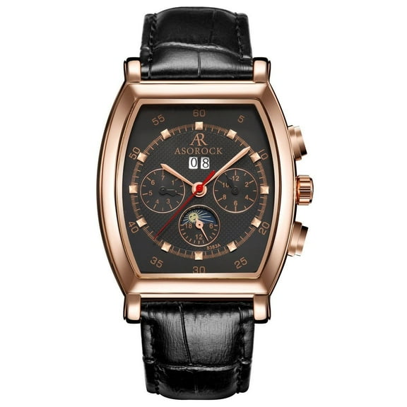 Rosegold/Black Ambassador | 42mm Mens Automatic Stainless Steel Watch | tonneau barrel style Homage Style | Top Grain Italian Leather Watch Band | Moonphase Perpetual Calendar Chronograph Watch