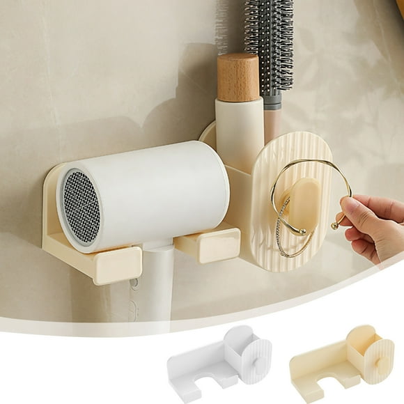 Xihbxyly Soporte para Secador de Pelo, Montaje En Pared Sin Perforaciones, Almacenamiento Multifuncional, Fácil Instalación Adhesiva, Organizador de Tocador de Baño, Elegantes Colores Blanco y Amaril