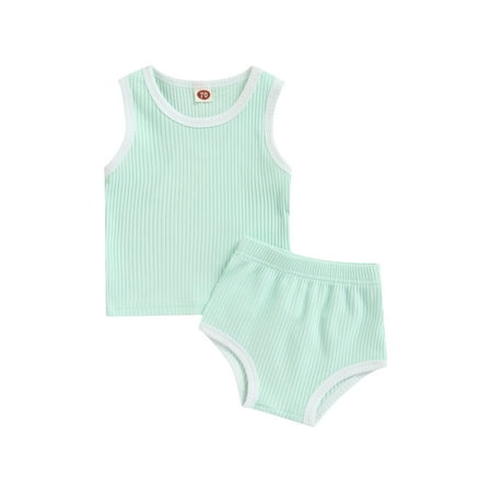 

2Pcs Infant Baby Summer Outfits Sleeveless Contrast Color Ribbed Top+Shorts Toddler Casual Clothes