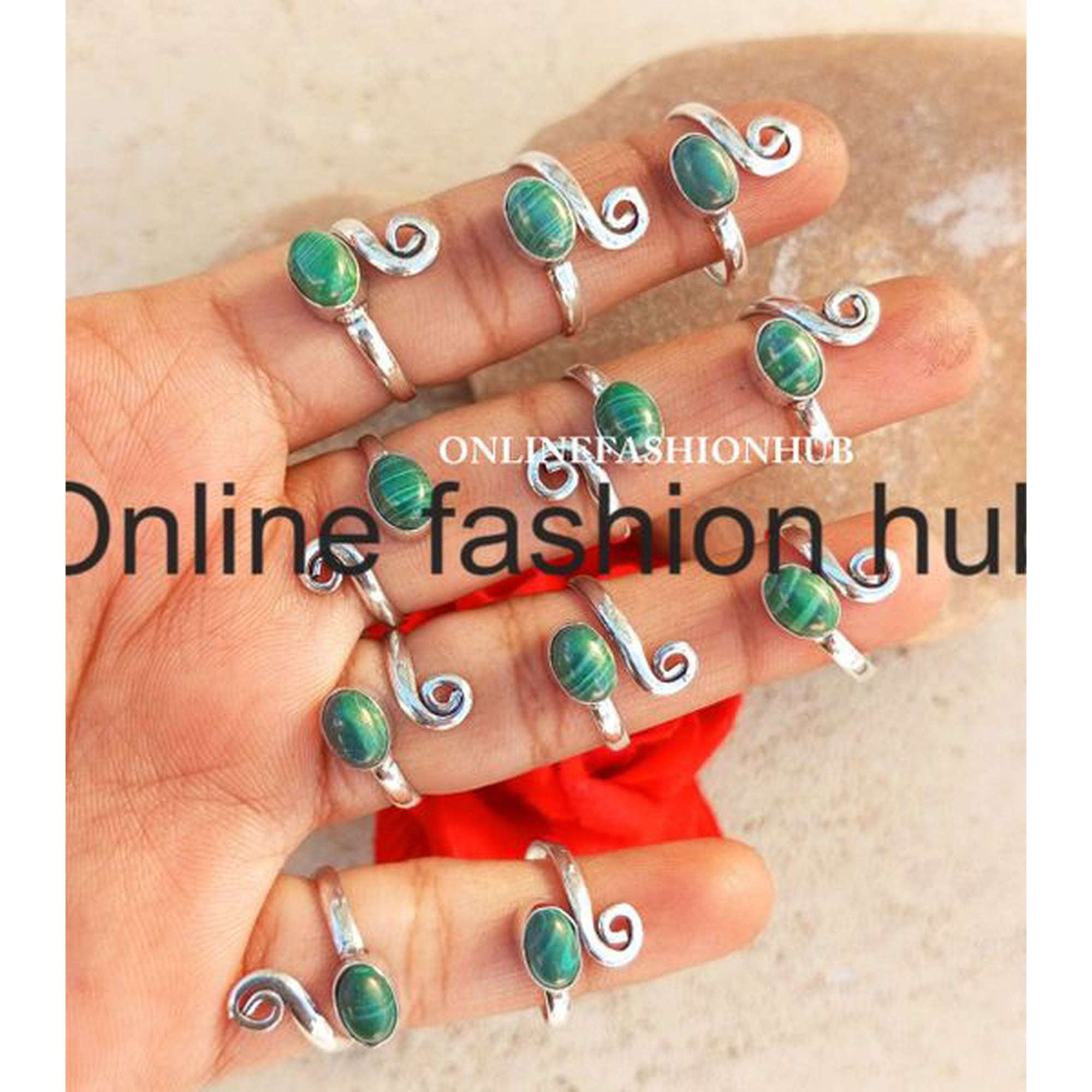 Malachite Gemstone 925 Sterling Silver Plated Handmade 10pcs Ring