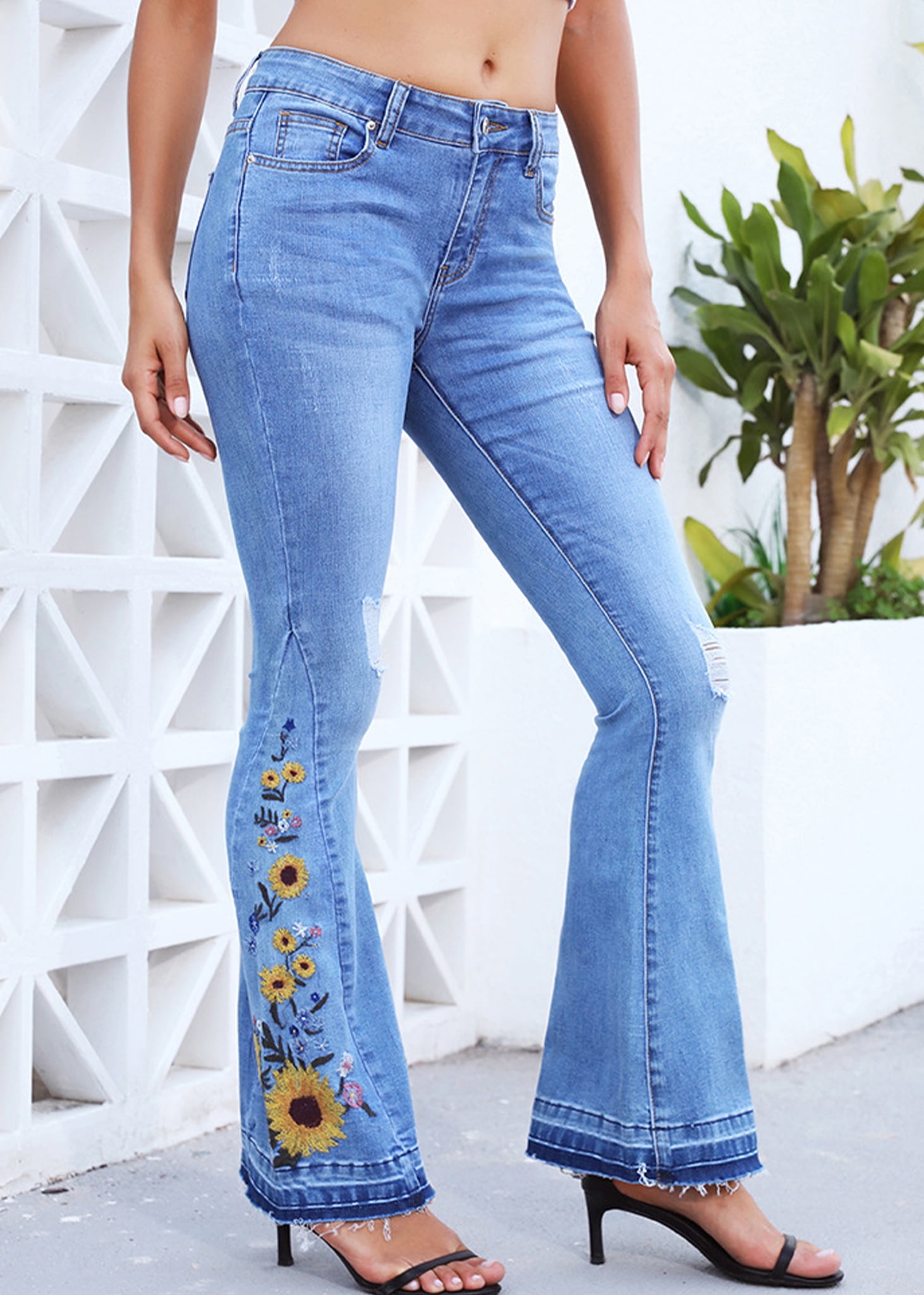 Womens Casual Stretch Mid Waist Embroidered Sunflower Bell Bottom Jeans,  Sunflower , Small - Walmart.com