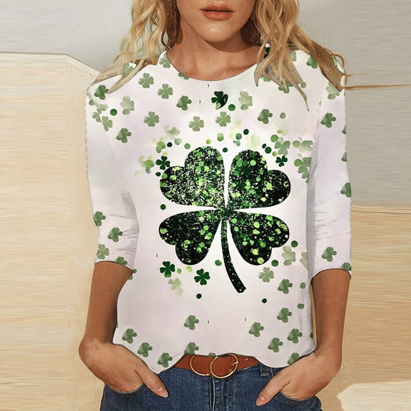 Fartey Plus Size Womens St Patricks Day Shirts Fashion Funny Shamrock Print Tees Slim Fit 3/4 Sleeve Tunic Tops Casual Loose Summer Crew Neck Tops 2025 Multicolor S-5XL
