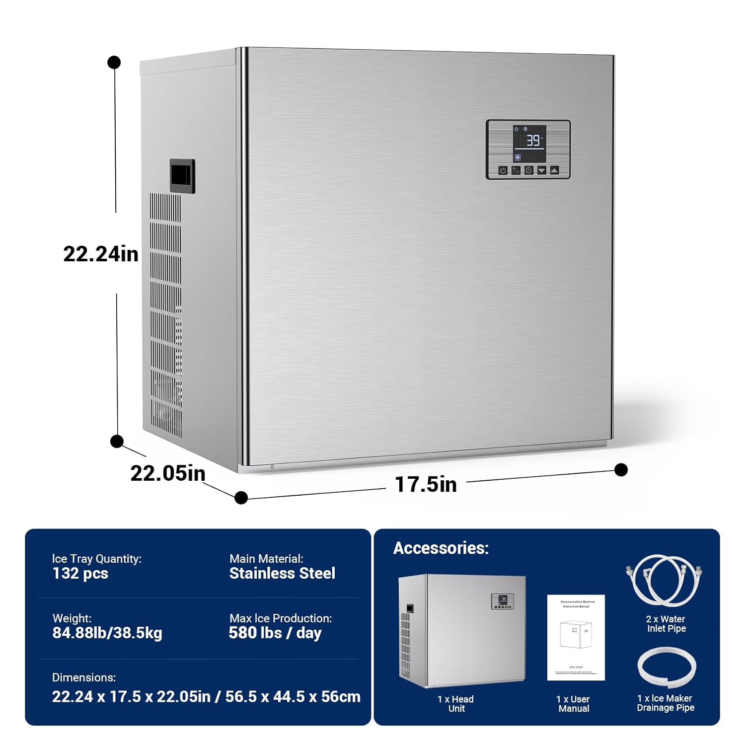 Professional Undercounter Ice Machine - 500Lbs/24H Output, 45Lbs Storage Capacity, Stainless Steel Built-in Design for Commercial Bars & Restaurants