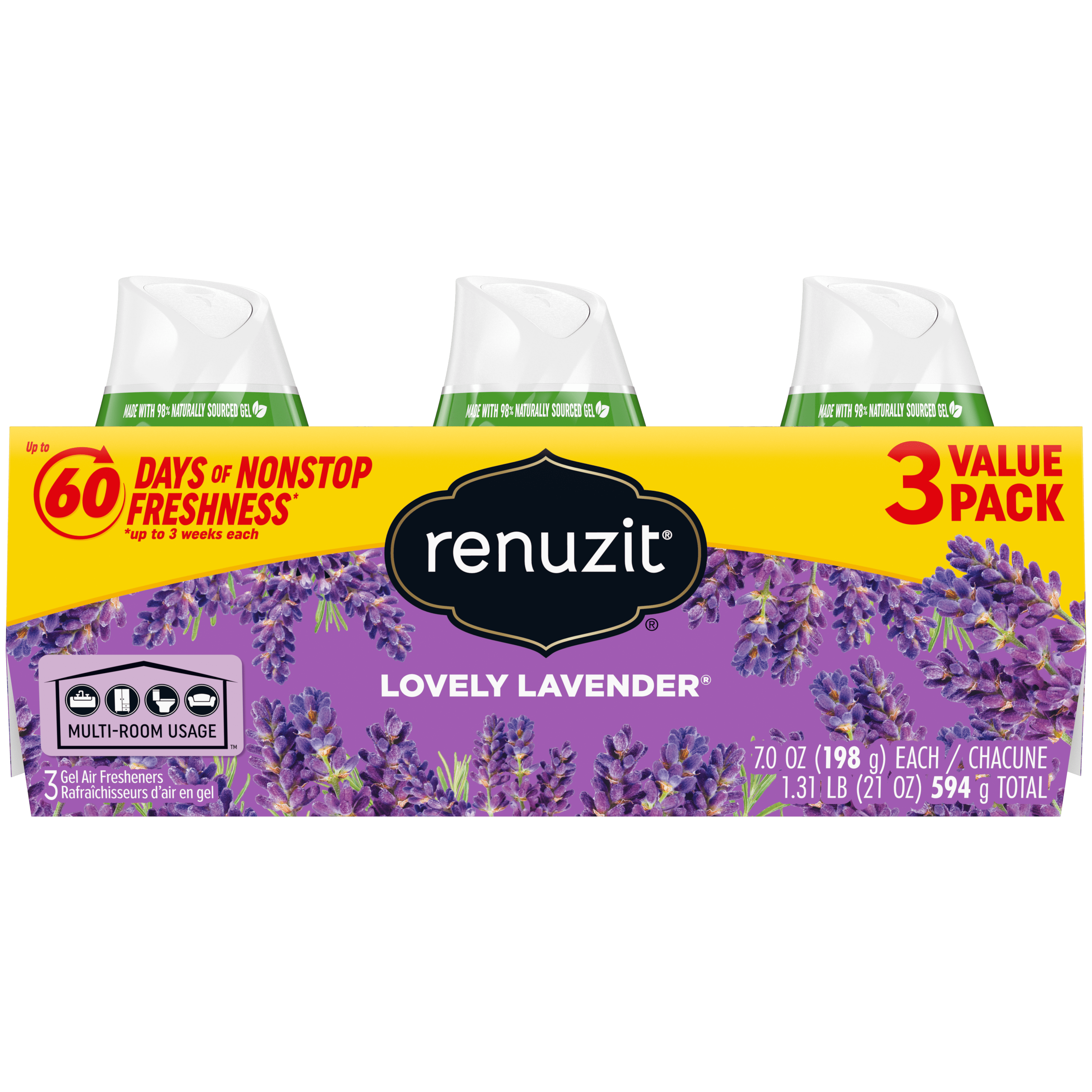 Renuzit Adjustable Solid Gel Air Freshener Cones, Lovely Lavender, Nonstop Freshness, 7 Ounces, 3 Cones