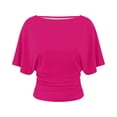 thumbnail image 4 of Women's Cinched Waisted Tops Batwing Short Sleeve Tee Ruched T Shirt for Casual Everyday Wear Hot Pink2,XS, 4 of 4