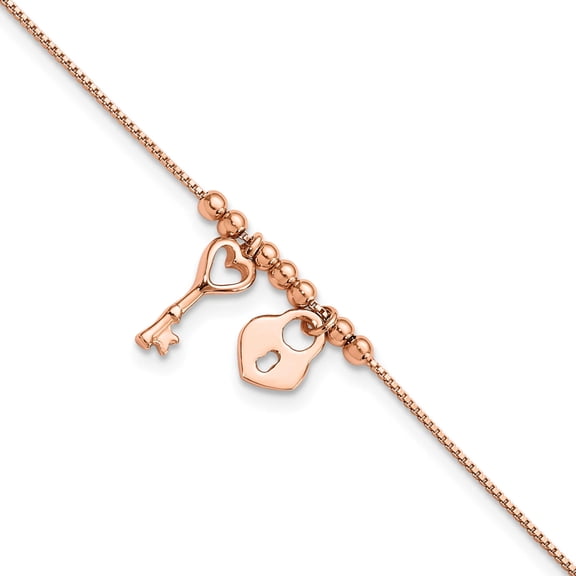 Sterling Silver Rose-Tone Polished Heart Lock With 1In Ext Anklet (9 X 1) Made In India qg4184-9