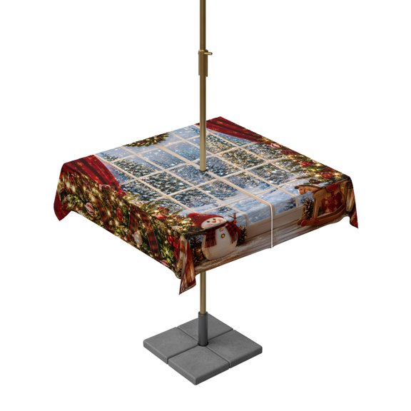 Outdoor Tablecloth with Umbrella Hole, Winter Holiday Christmas Trees Zippered Table Cloth for Rectangle Tables, Cute Snowman Washable Waterproof Tablecloths for Picnic Patio Garden