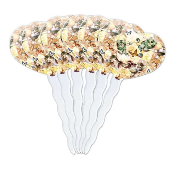 Kittens Cats Yellow Flowers Butterflies Pattern Heart Love Cupcake Picks Toppers Decoration Set of 6