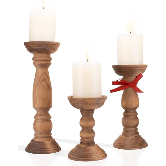 Farmhouse Wooden Candle Holders for Pillar Candles Set of 3 Rustic Wood Candle Holder Table Centerpiece Decor 12'' 9'' 6'' Vintage Tall Candle Stand Decorative Brown