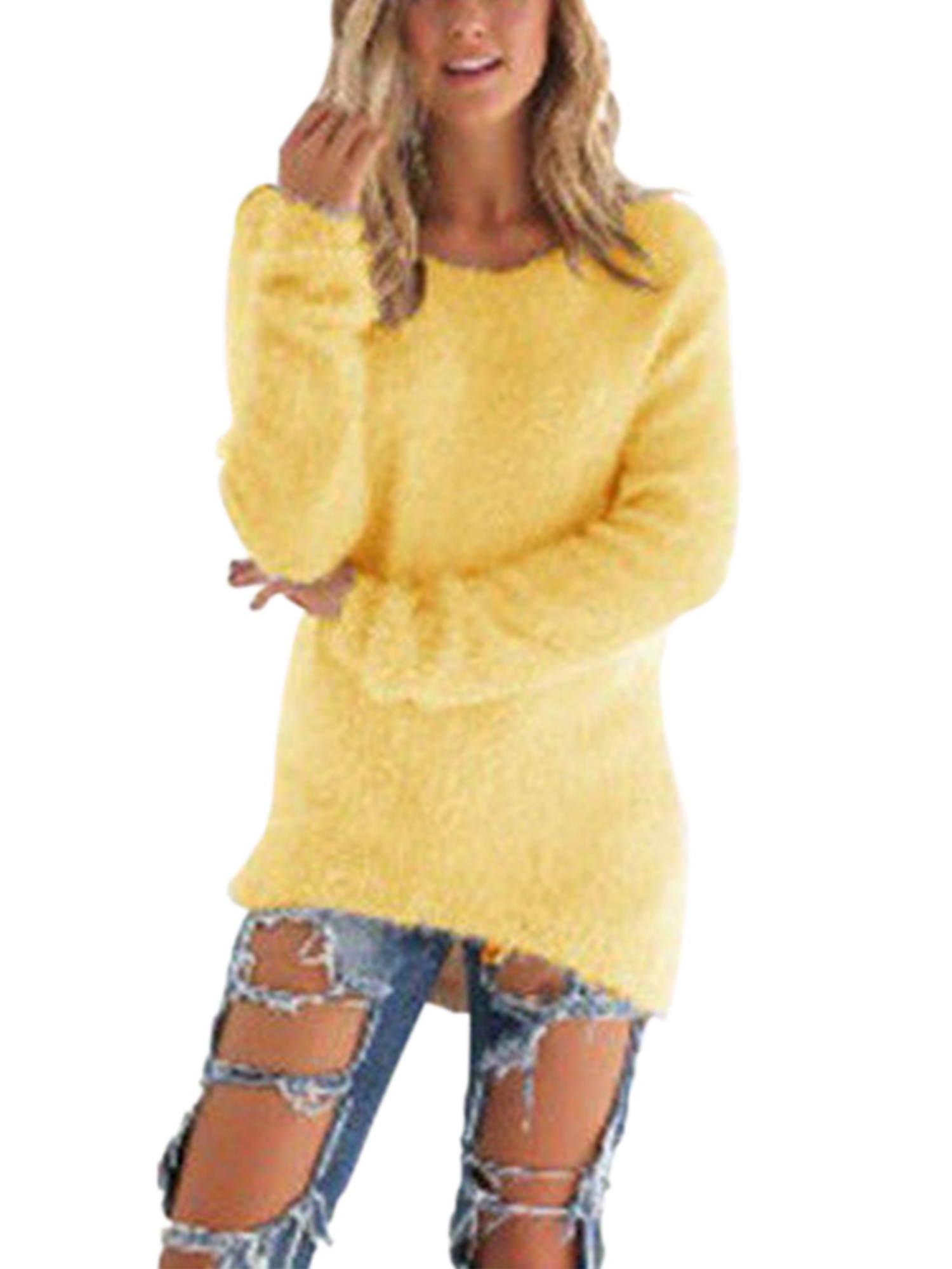 Plus Size Women Mid-Length Loose Solid Color Pullover Sweaters High Low Fluffy Tunics Crew Neck Womens Knit Tops for Junior Ladies Women - image 1 of 2