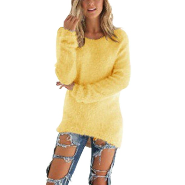 Suéter de mujer Casual Fluffy Túnica Tops Suéteres altos y bajos Cuello redondo Color sólido Manga larga Longitud media Otoño Invierno Camisas para damas jóvenes S-5XL Tallas grandes