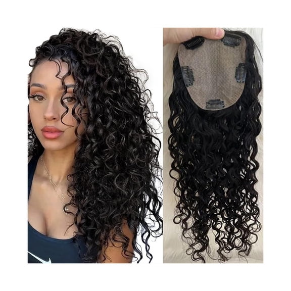 8-22" Long Curly Human Hair Topper 12x13cm European Virgin Hair Silk Base Hair Piece 150% Density Clip in Hairpiece for Women Cover Thin Hair