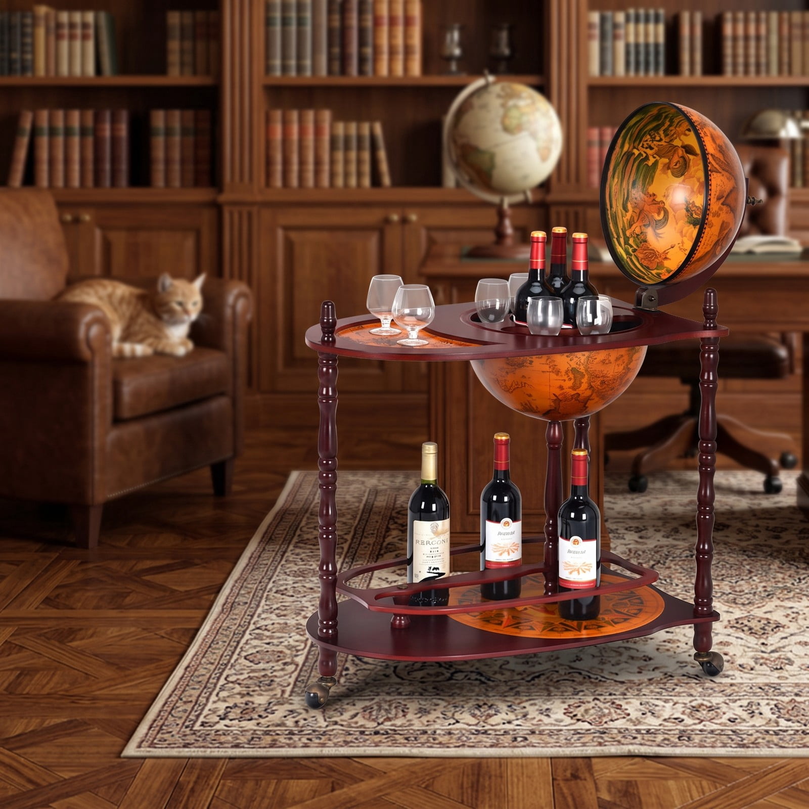 RUIE Vintage Globe Rolling Wine Bar Cart with Extra Shelf, Mobile World Map Liquor Storage Stand with 3 Casters for Home Kitchen Dining Room, Brown
