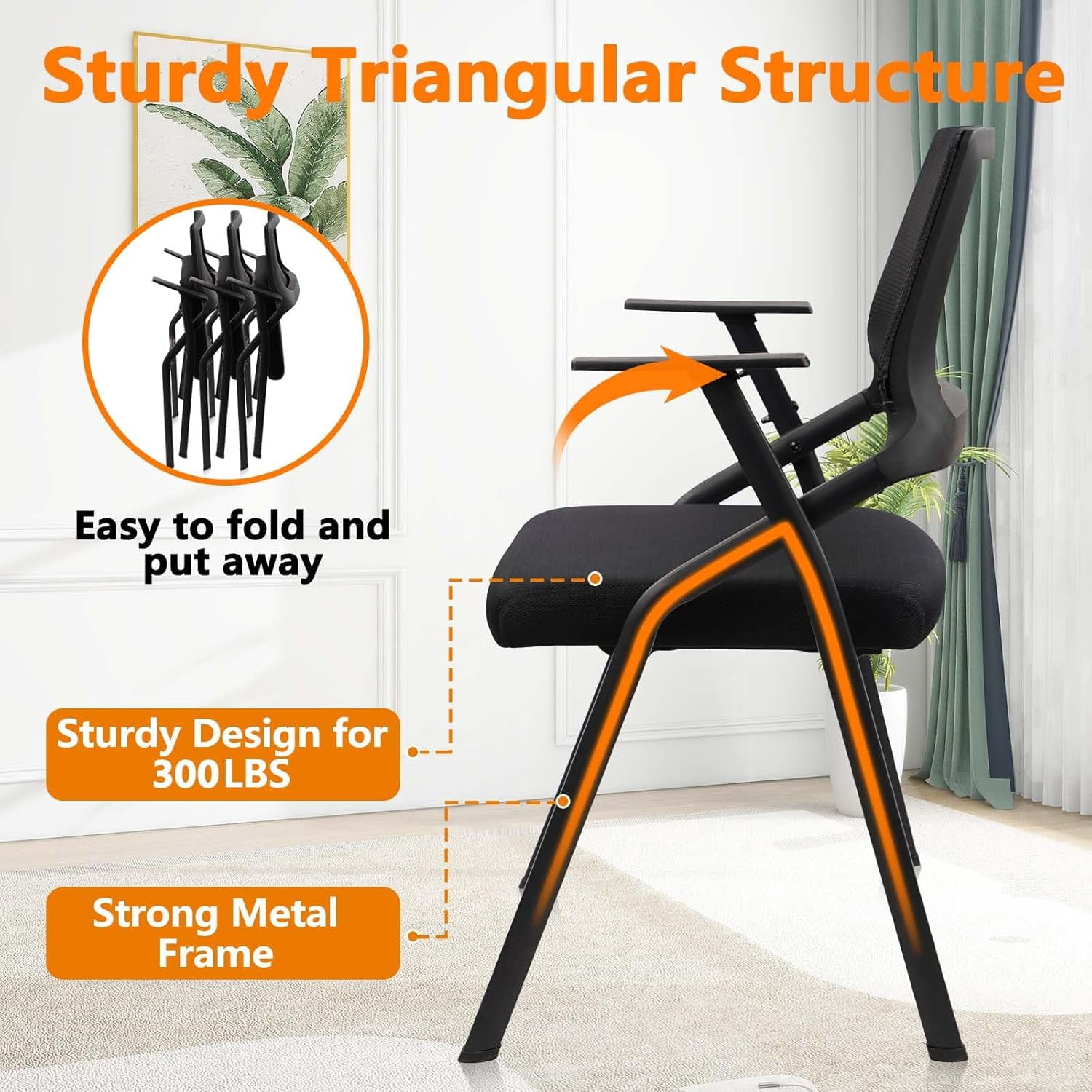 CLATINA Stackable & Foldable Office Chairs with Ergonomic Lumbar Support and Thickened Seat Cushion, Folding Mesh Fabric Reception Guest Chair for School Church Conference Waiting Room Black (4 pk)