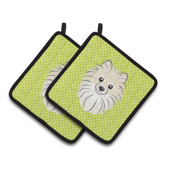 Carolines Treasures BB1269PTHD Checkerboard Lime Green Pomeranian Pair of Pot Holders , 7.5HX7.5W, multicolor