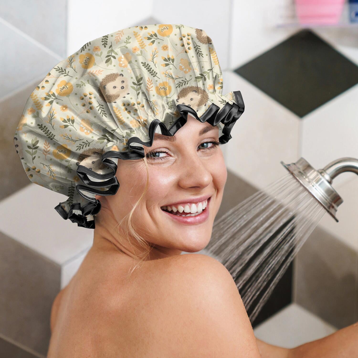 Shower Caps,Cute Hedgehogs and Pioneer Flower Pattern Waterproof Shower Cap for Women 4 Pieces,Double Reusable Hair Cover for Shower PEVA Elastic Stretch Hem