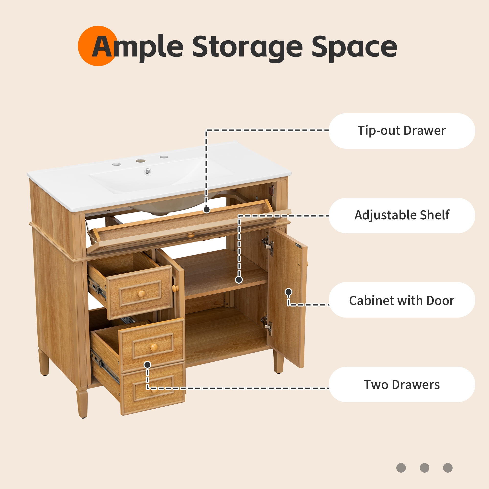 Euroco 36" Bathroom Vanity with Sink, Wood Vanity Cabinet with Flip-Out Drawer, 3 Drawers, 2 Soft-Close Doors, Solid Wood & MDF, Elegant Rubber Wood Handles