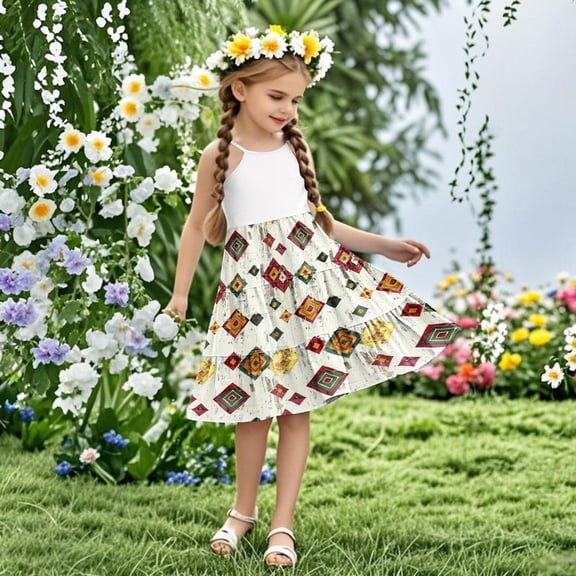 Nmnitkp Girl Dresses High-Quality Fabric Dresses for Girls Ruffle Sleeve Tiered Swing A-Line Cute Midi Casual Sundress Multicolor,7 Years