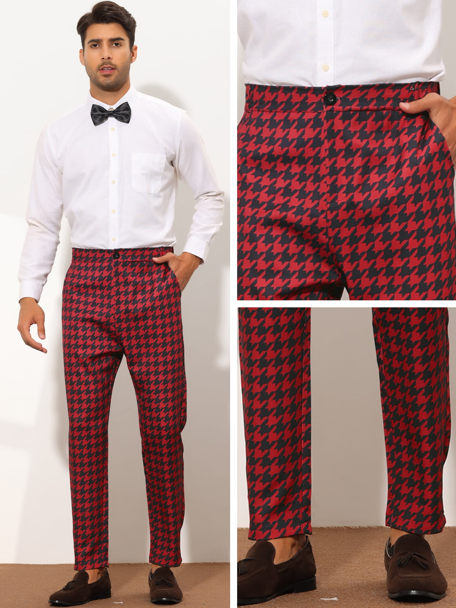 Unique Bargains Men's Houndstooth Dress Pants Big and Tall Business Plaid Trousers 36 Red