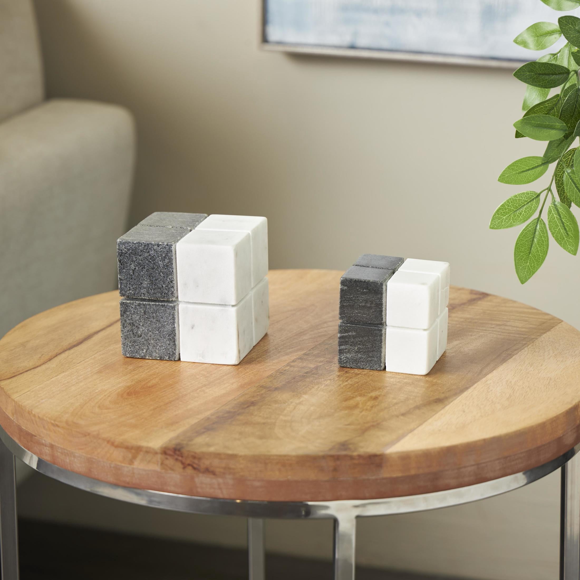 4", 3"H White Marble Dice Geometric Sculpture with Black Accent, by DecMode (2 Count)