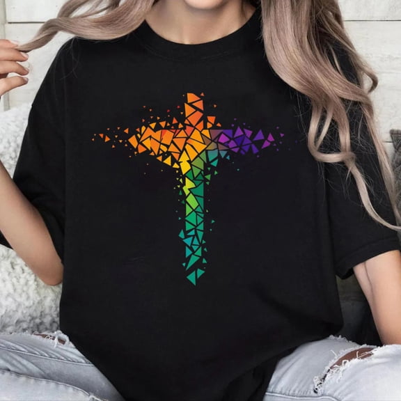 100% Cotton Unisex Church Stained Glass Cross Shirt Christian T Shirts for Men Christian Gifts Graphic Tee