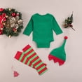 thumbnail image 3 of Unisex Baby Christmas Clothes Set Contrast Color Long Sleeve O-Neck Romper+Striped Leg Sleeves+Hat 3PCS, 3 of 7