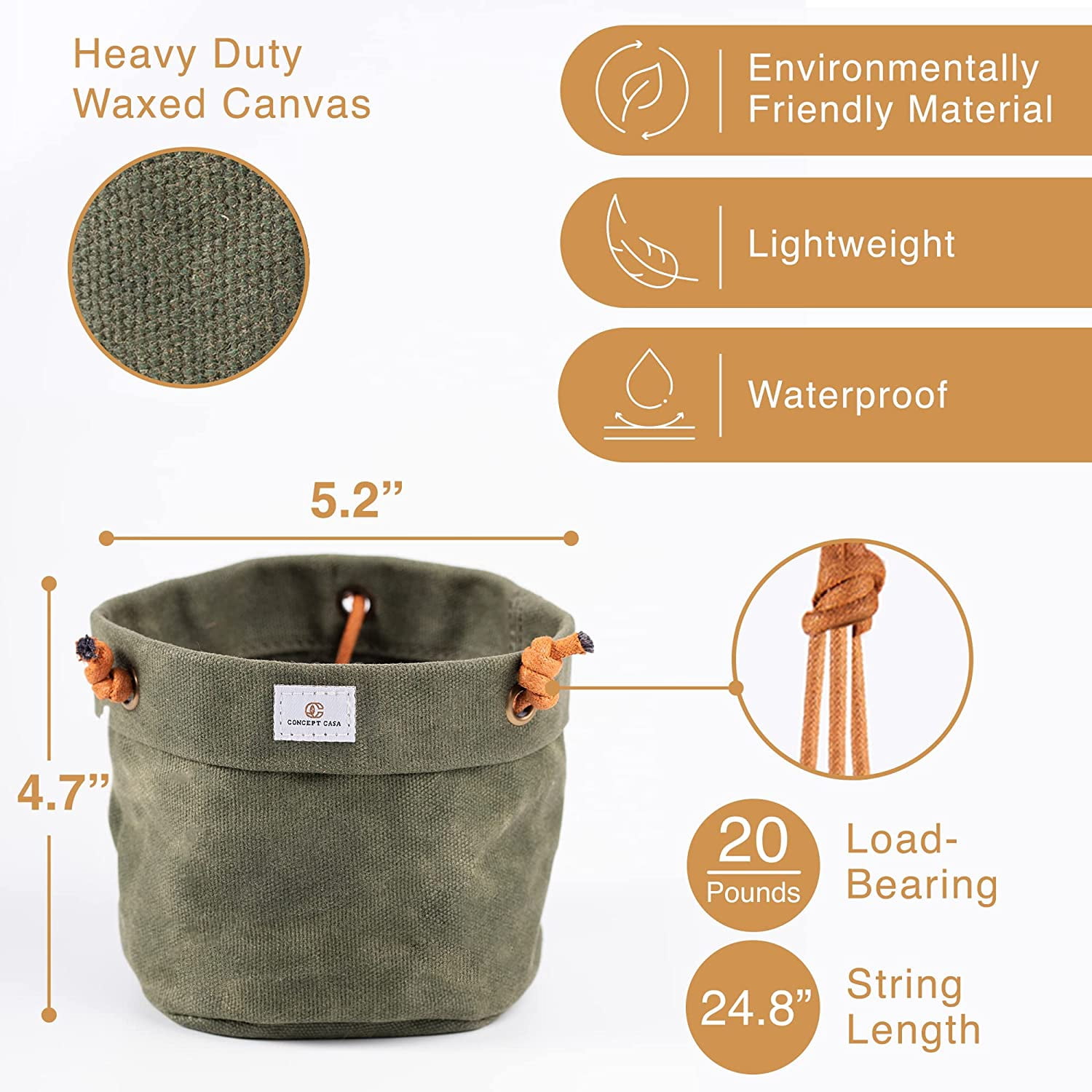 Concept Casa Small 5" Solid Print Hanging Planter with Handmade Waxed Canvas (Forest Green)