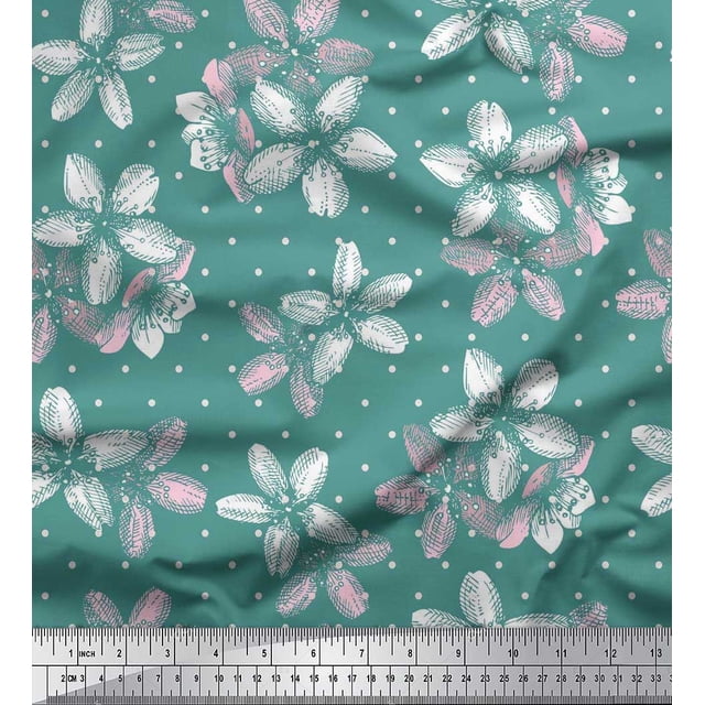 Soimoi Blue Poly Georgette Fabric Dot & Floral Decor Fabric Printed BTY 52 Inch Wide