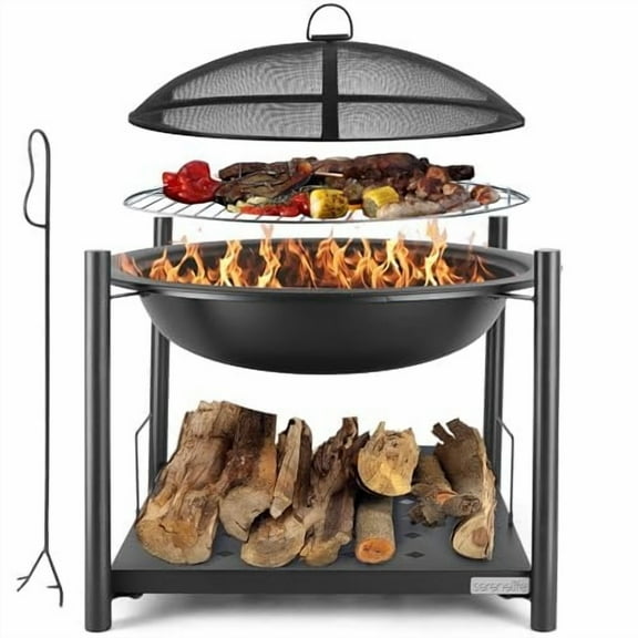SereneLife 26" Outdoor Wood Fire Pit with BBQ Grill, Mesh Screen, and Wood Storage  Heavy-Duty Steel Frame, Heat-Resistant  Ideal for Bonfires, Camping, and Outdoor Cooking