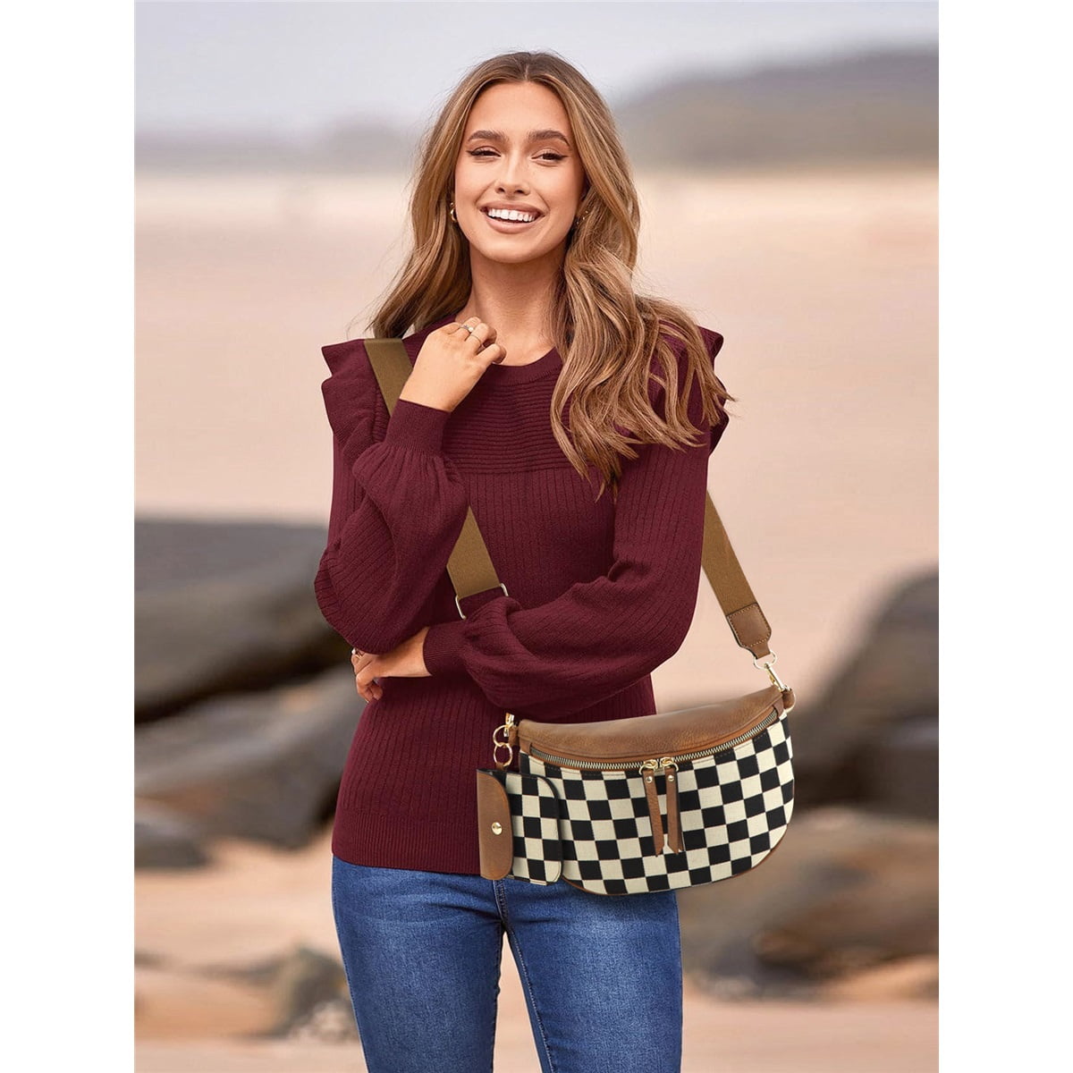Luxury Designer Bum Bags for Women with small bag Checkered Crossbody Fanny Packs PU Leather Cross Body Bum Purse Belt Bag Bumbags for Work Shopping Daily