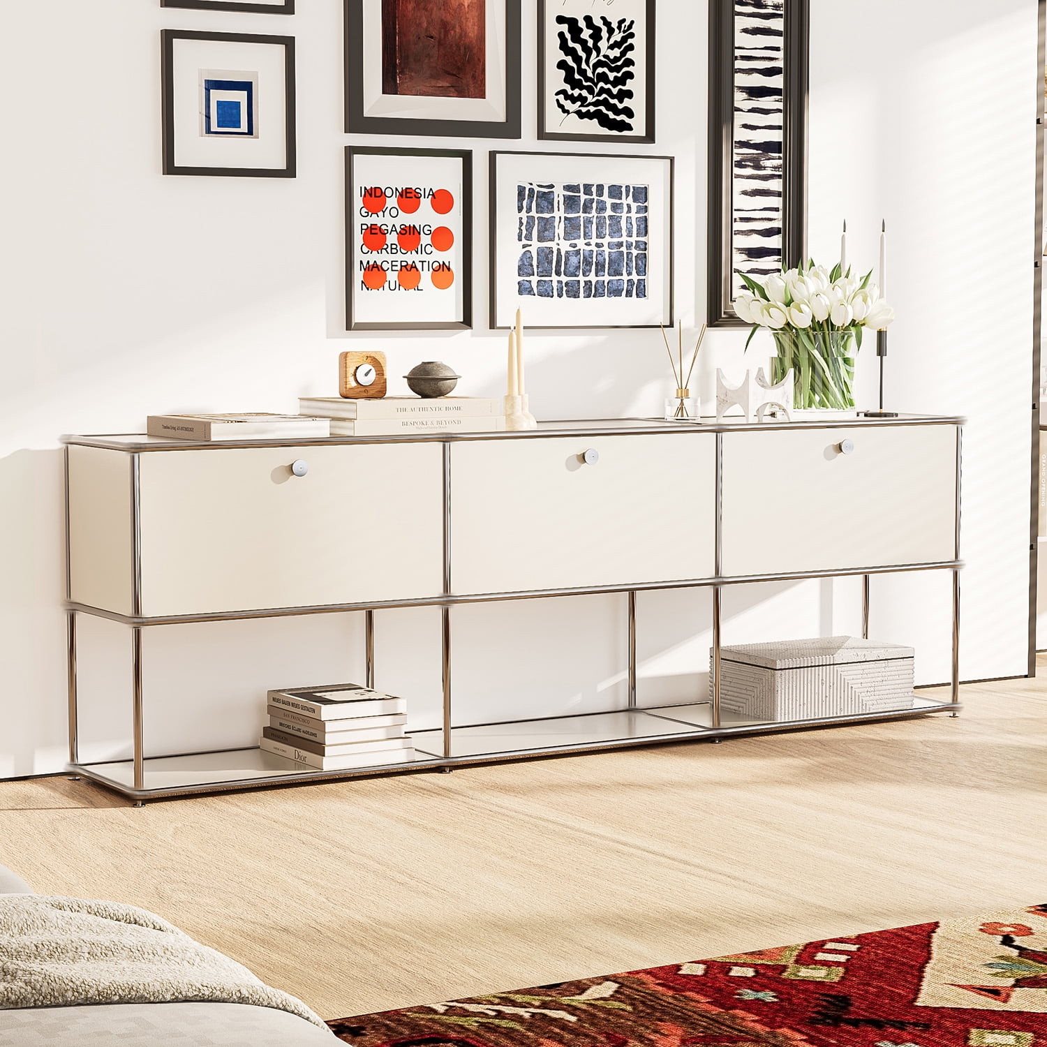 Raffle Pinker Metal Storage Cabinets with 3 Doors and Shelves Tall Steel Lockers Accent Storage Organizer for Living Room,White