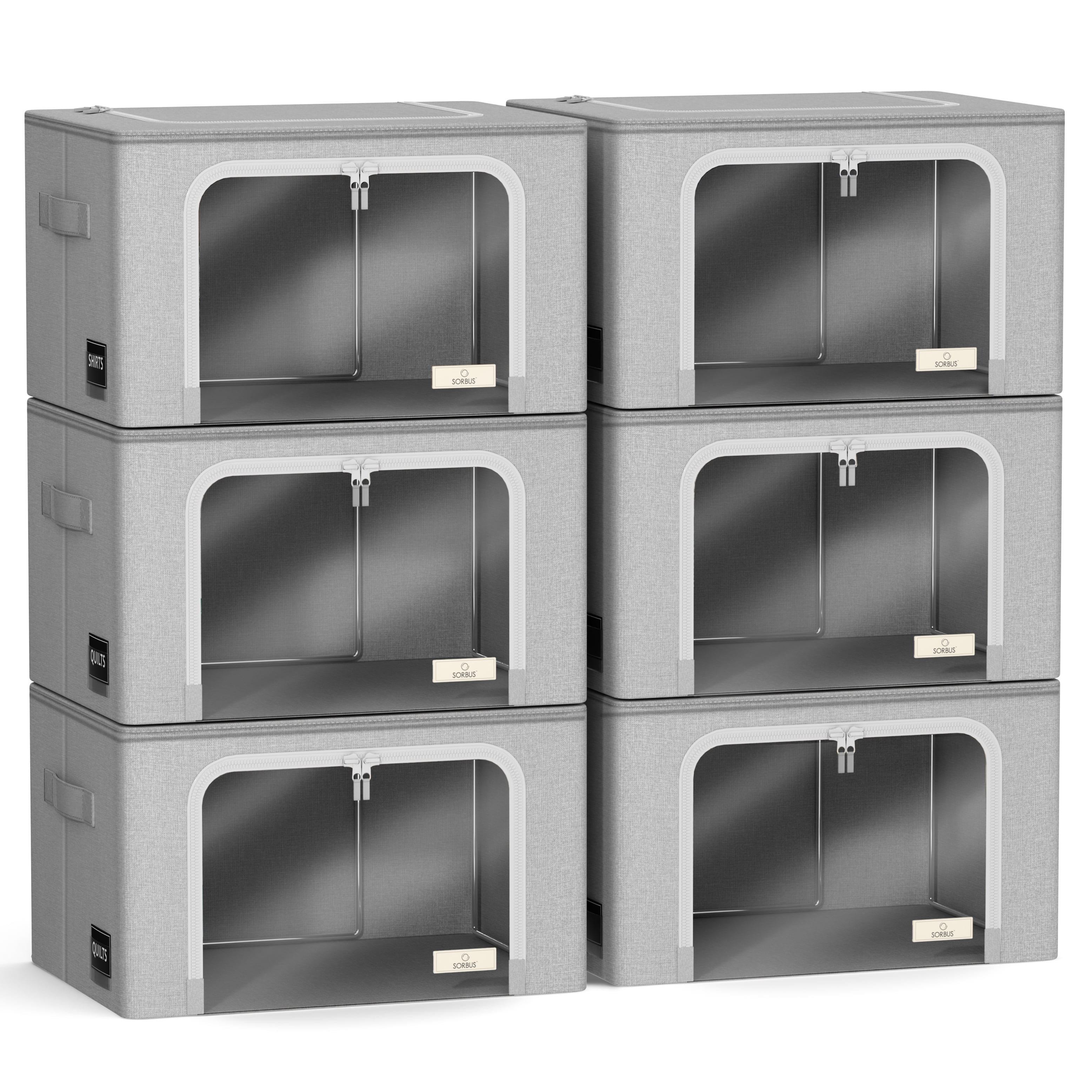 Sorbus Stackable Storage Bins, Fabric Organizer Bags with Window and Handles for Kids and Adults, 6Pk, Gray