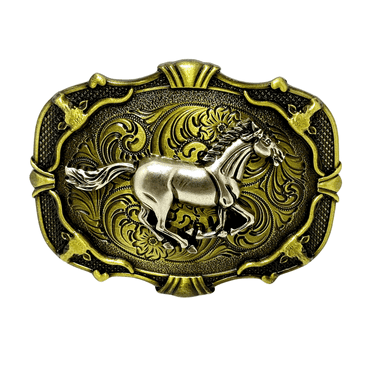 Kid’s Western Belt Buckle with Running Mustang – 3.5" x 2.5" Bronze and Silver Finish Cowboy-Style Buckle