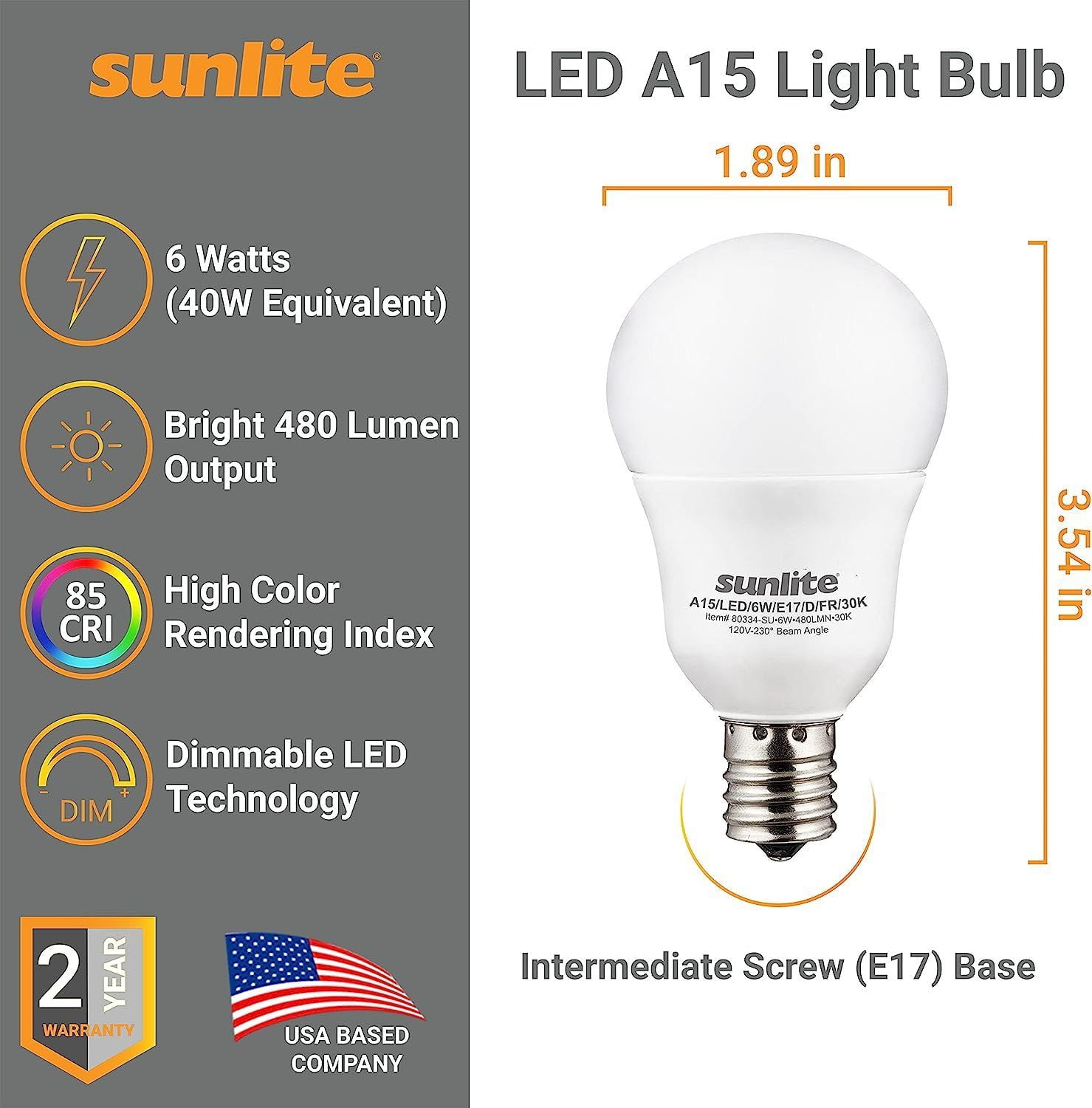 Sunlite LED A15 Light Bulb, 6 Watts (40W Equivalent), Intermediate E17 Base, Dimmable,ETL Listed, 3000K Warm White, 6-Pack