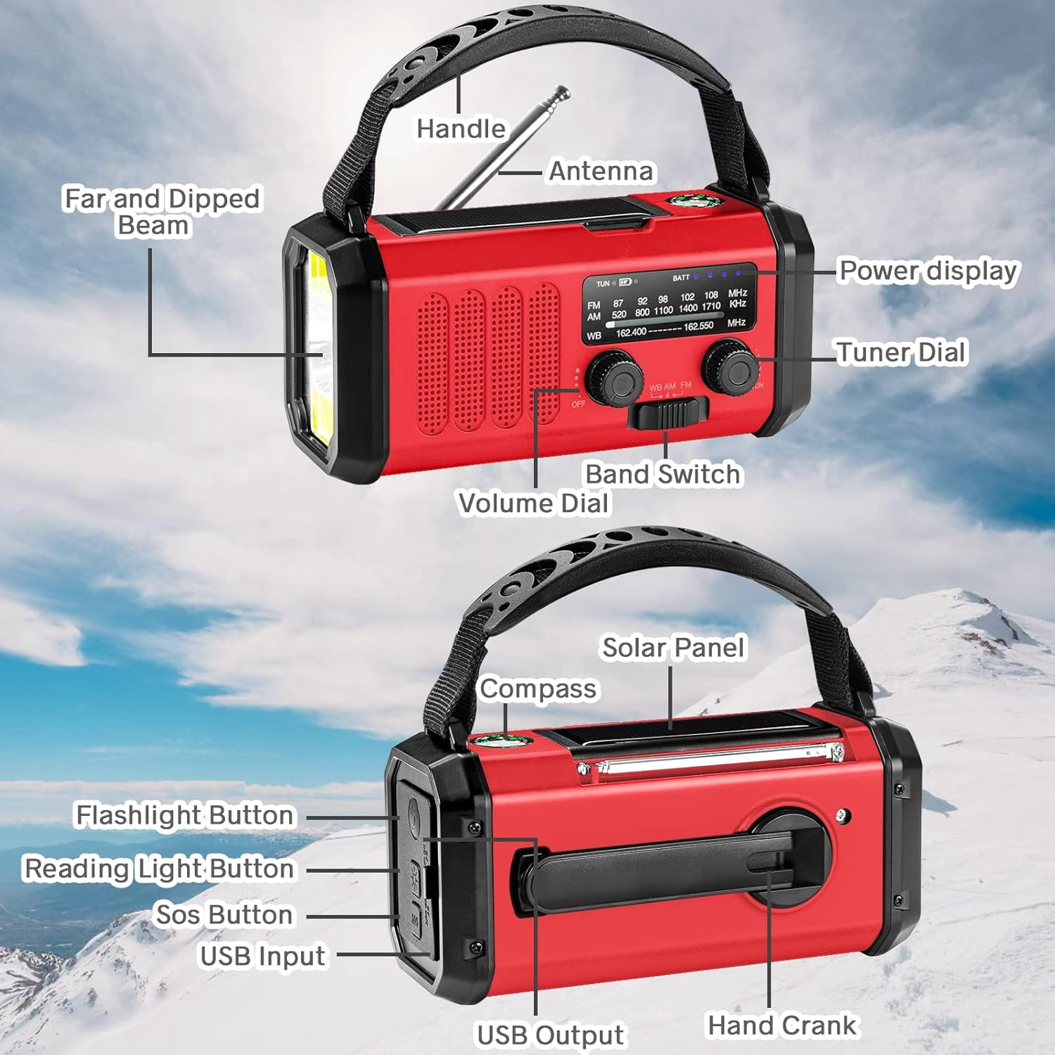 Hand Crank Emergency Radio,  Weather Radio with  Solar Radio,10000mAh Rechargeable Battery Powered, USB-C Charger, Flashlight, SOS Alarm, for Storm, Hurricanes Outdoor Survival Emergencies