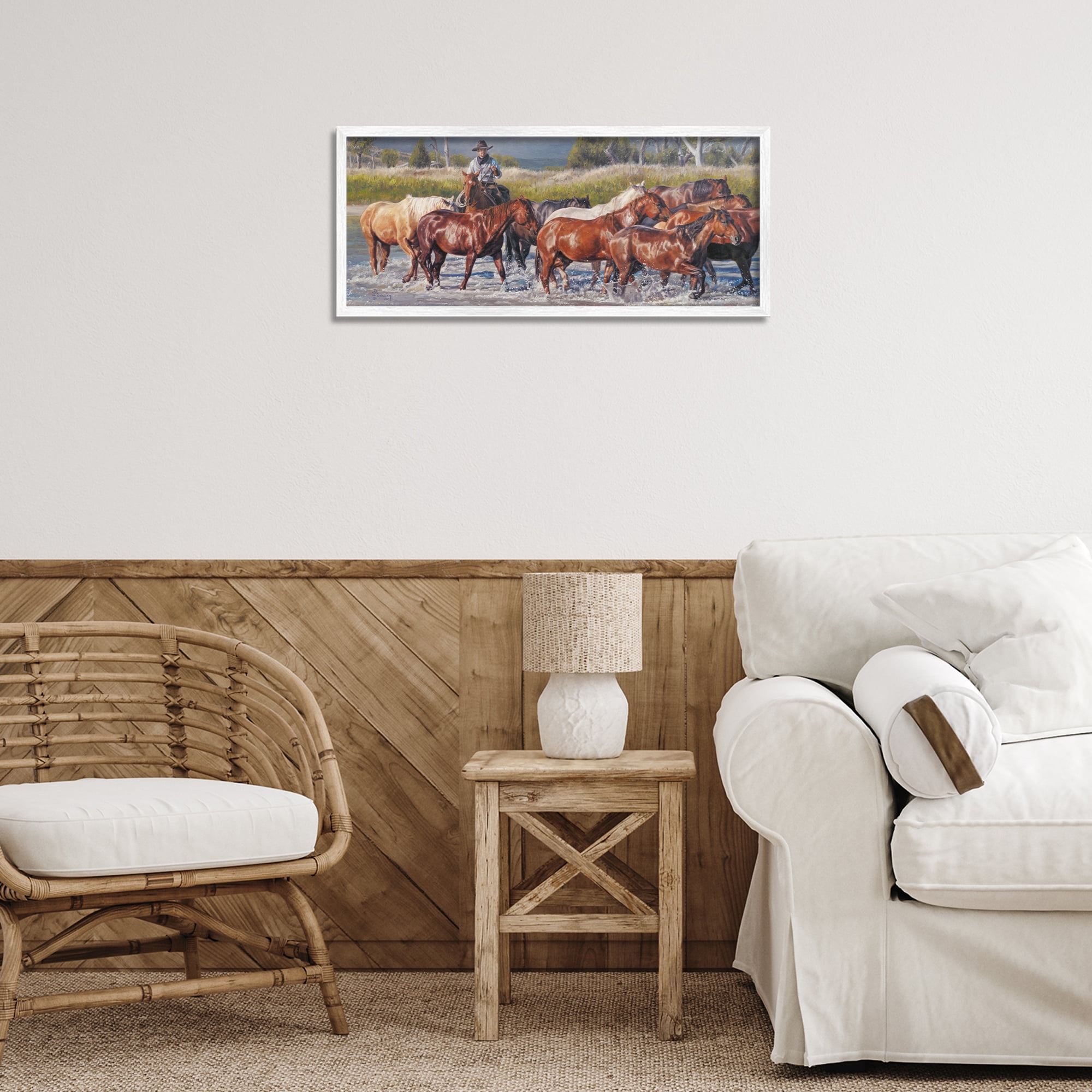 Stupell Industries Crossing The Remuda Animals & Insects Painting White Framed Art Print Wall Art, 24 x 10