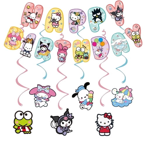 Cartoon Birthday Banner and Hanging Swirls - Cartoon cat family-Big ear dog Cute Happy Birthday Banner with Cartoon Swirls for Cute Decorations, Party Hanging Decorations for Boys and Girls