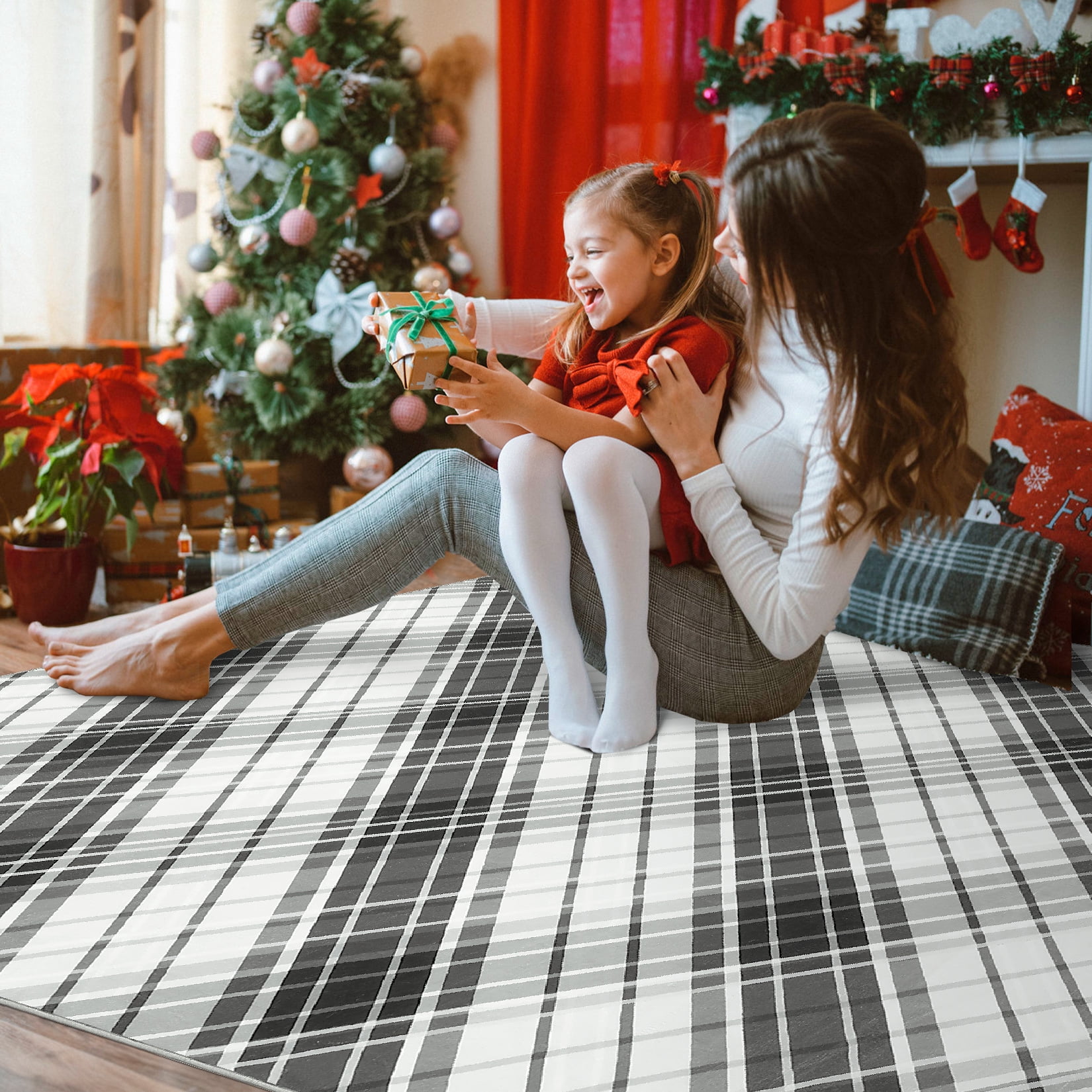 FairOnly Large Low Pile Stain Resistanta Area Rug for Living Room Bedroom 9' x 12' Plaid Design Area Rug, Black-gray