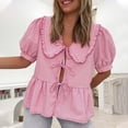 thumbnail image 2 of JGGSPWM Women's Tie Front Top Short Puff Sleeve Peplum Shirt Y2K Cute Ruffle Hem Babydoll Blouse Lapel Doll Collar Stripe Summer Shirt Pink S, 2 of 8