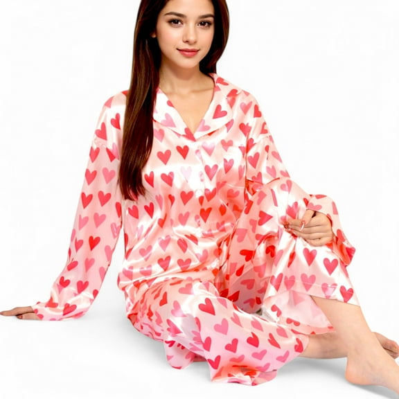 Women's Pink Heart Print Pajama Set with Button-Up Long Sleeve Top and Relaxed Fit Pants- Pink,Large