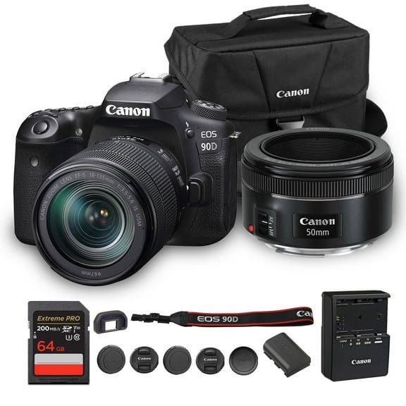 Canon EOS 90D DSLR Camera with 18-135mm Lens | 32.5MP APS-C Sensor, Dual Pixel AF & 4K Video | For Wildlife, Sports & Travel Photography (3616C016)   Canon EF 50mm f/1.8 STM Lens   Bag   64GB Card