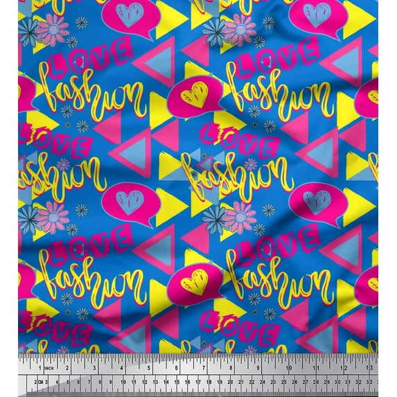 Soimoi Blue Cotton Duck Fabric Text,Heart & Triangle Geometric Printed Craft Fabric by the Yard 42 Inch Wide